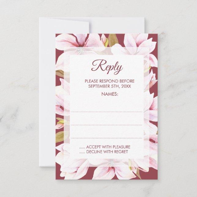 Magnolia Burgundy Floral Wedding Reply Cards (Front)