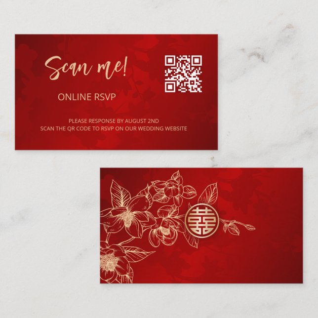 Magnolia Chinese Wedding QR Code RSVP Online Enclosure Card (Front/Back)