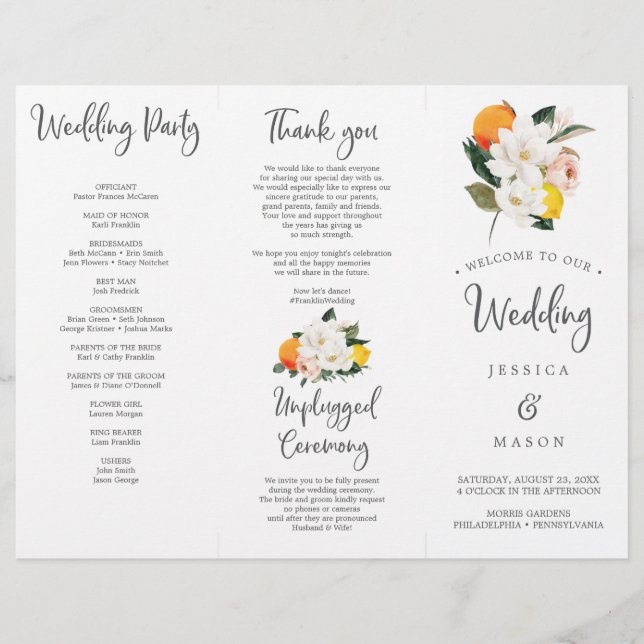 Magnolia Citrus Tri-Fold Wedding Program Flyer (Front)