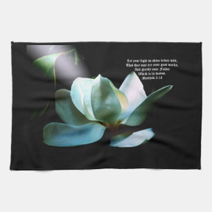 Magnolia Closeup Spotlight Matthew 5:16 Tea Towel