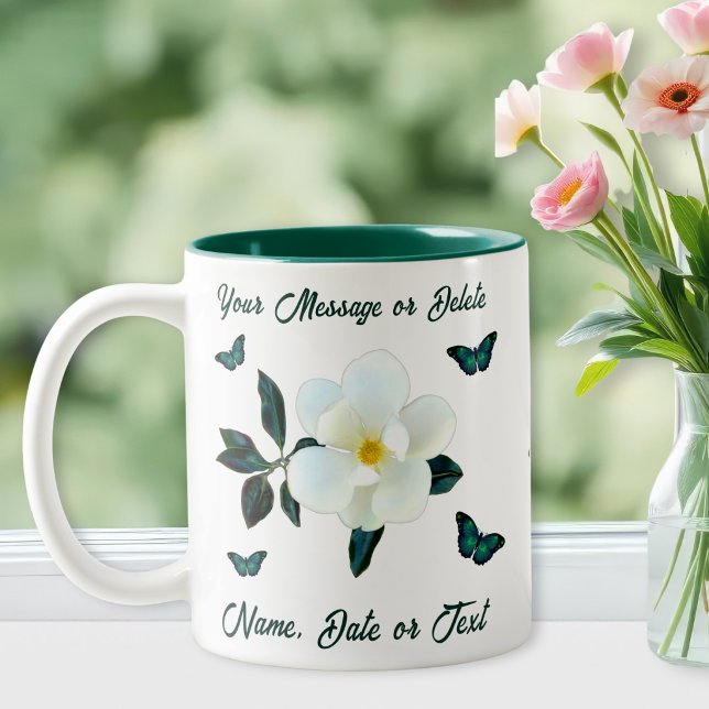 Magnolia Coffee Mugs, Personalised or Transfer Two-Tone Coffee Mug (Magnolia coffee mugs. Personalized name mugs or type in your message. Magnolia themed gifts for mom.)
