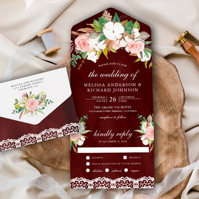 Magnolia Cotton Blush Pink Floral Burgundy Wedding All In One Invitation (Creator Uploaded)