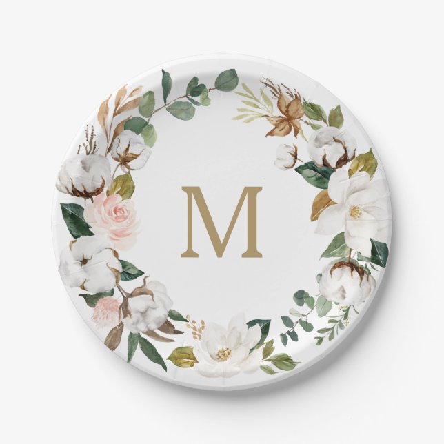 Magnolia Cotton Monogram Paper Plates (Front)