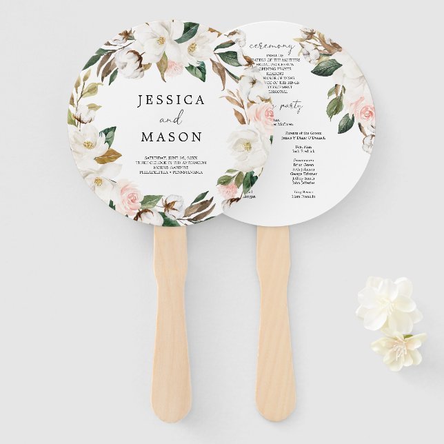 Magnolia Cotton Round Wedding Program Fan (Front and Back)