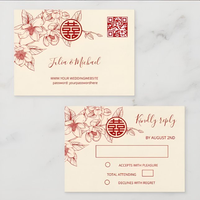 Magnolia Cream Red Chinese Wedding RSVP (Creator Uploaded)