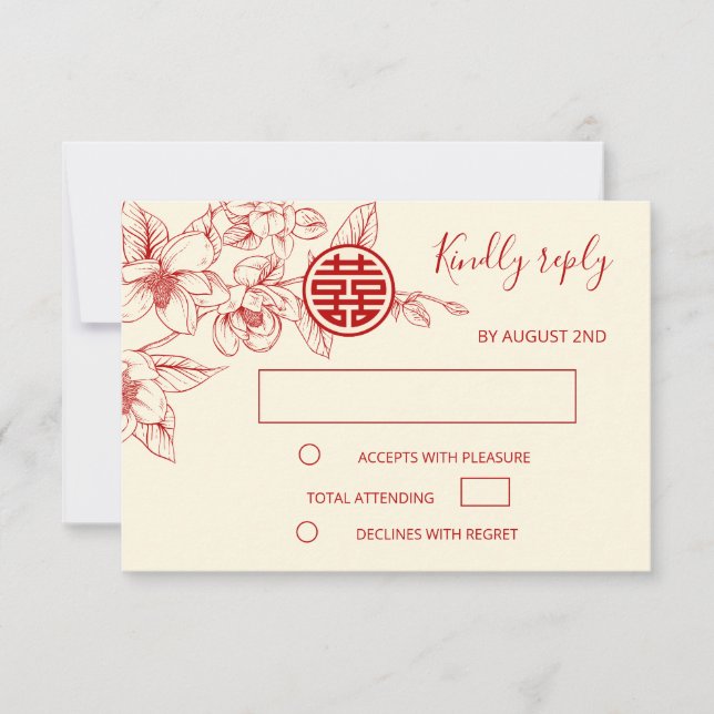 Magnolia Cream Red Chinese Wedding RSVP Card (Front)