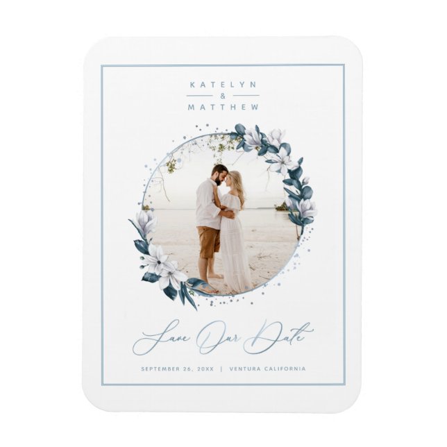 Magnolia & Dusty Blue Circle Photo Save The Date Magnet (Vertical)