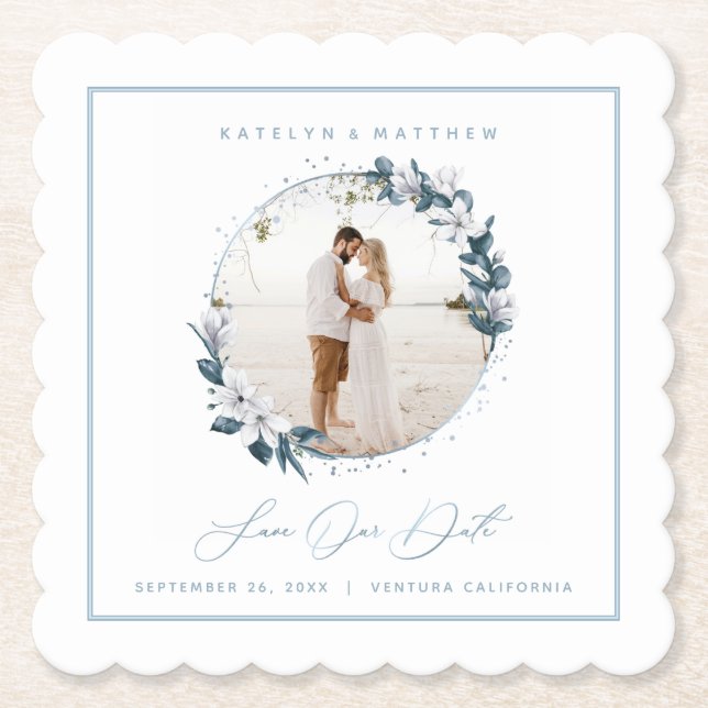 Magnolia & Dusty Blue Circle Photo Save The Date Paper Coaster (Front)