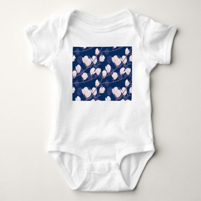 Magnolia Elegance: Navy Spring Bloom Baby Bodysuit (Front)