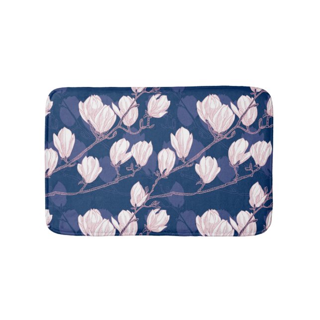 Magnolia Elegance: Navy Spring Bloom Bath Mat (Front)