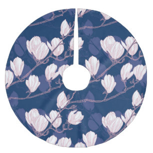 Magnolia Elegance: Navy Spring Bloom Brushed Polyester Tree Skirt