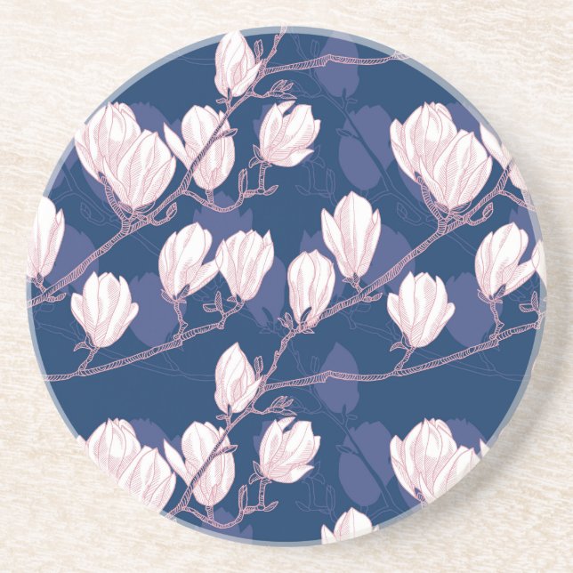 Magnolia Elegance: Navy Spring Bloom Coaster (Front)