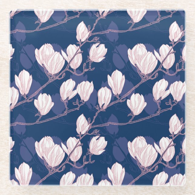 Magnolia Elegance: Navy Spring Bloom Glass Coaster (Front)