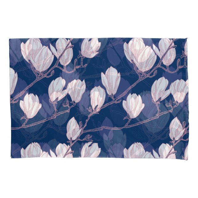 Magnolia Elegance: Navy Spring Bloom Pillowcase (Front)