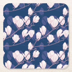 Magnolia Elegance: Navy Spring Bloom Square Paper Coaster