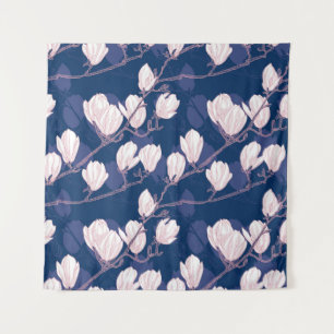 Magnolia Elegance: Navy Spring Bloom Tapestry