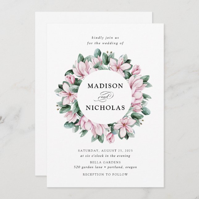 Magnolia & Eucalyptus | Floral Wreath Wedding Invitation (Front/Back)