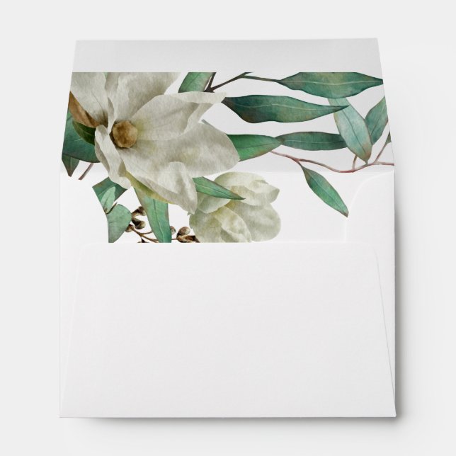 Magnolia Eucalyptus Watercolor Elegant Wedding Envelope (Back (Bottom))