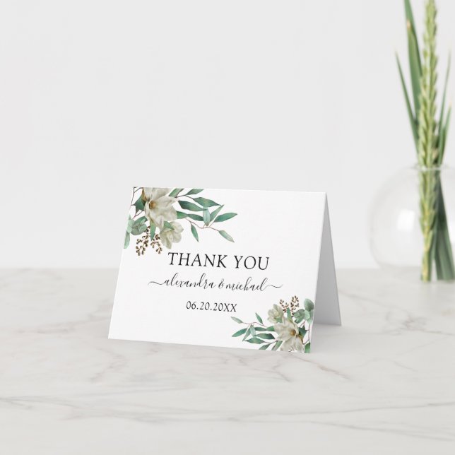 Magnolia Eucalyptus Watercolor Elegant Wedding Thank You Card (Front)