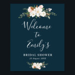magnolia floral blue bridal shower welcome sign<br><div class="desc">beautiful white magnolia watercolor flowers and script text. The text and colours on this sign poster can be edited.</div>