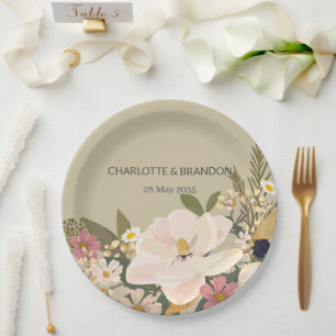 Magnolia Floral Bouquet Wedding Party Paper Plate