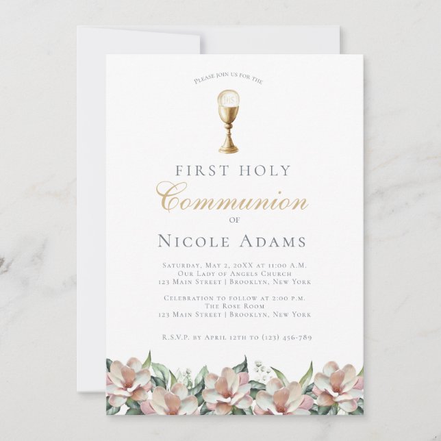 Magnolia Floral First Communion  Invitation (Front)