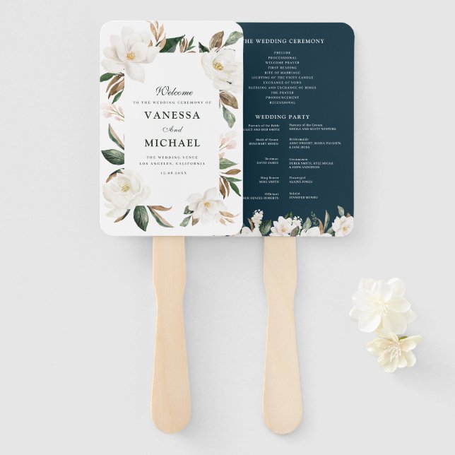 Magnolia floral geometric wedding program hand fan (Front and Back)