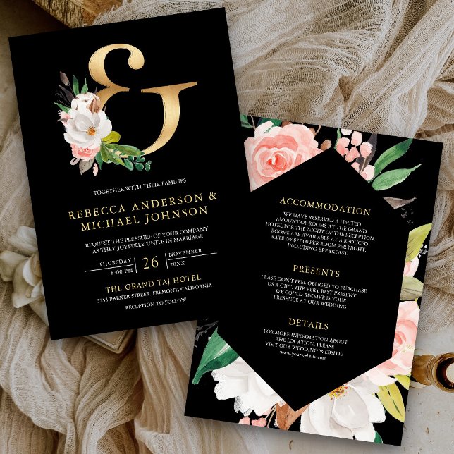 Magnolia Floral Gold Ampersand Black Wedding Invitation (Creator Uploaded)