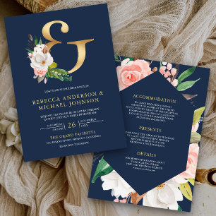 Magnolia Floral Gold Ampersand Navy Blue Wedding Invitation