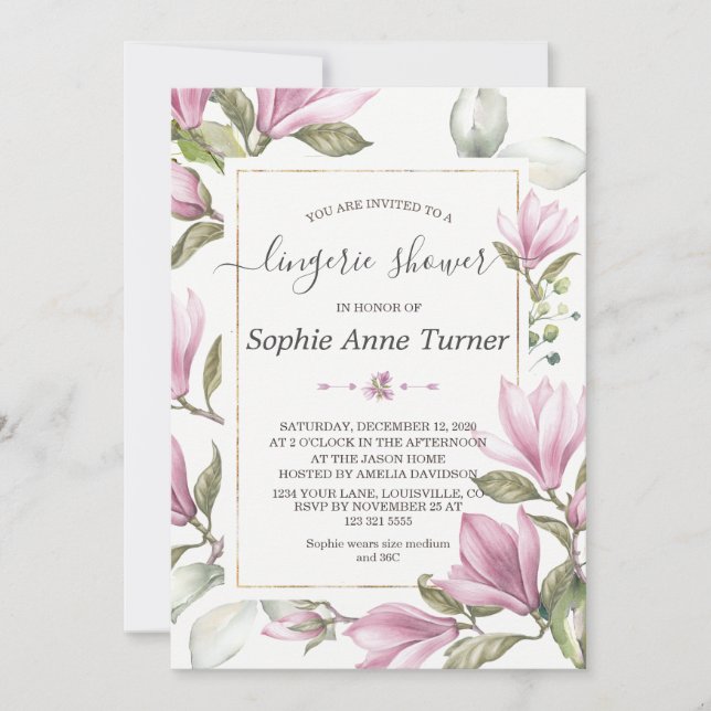 Magnolia Floral Gold Calligraphy Lingerie Shower Invitation (Front)