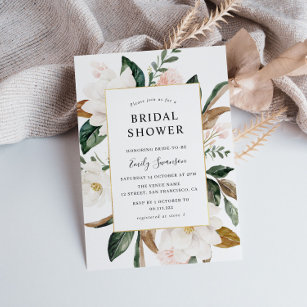 magnolia floral gold frame bridal shower invitation
