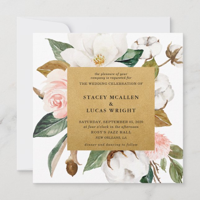 Magnolia Floral Gold Invitations (Front)