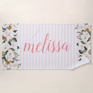 magnolia floral personalised script beach towel