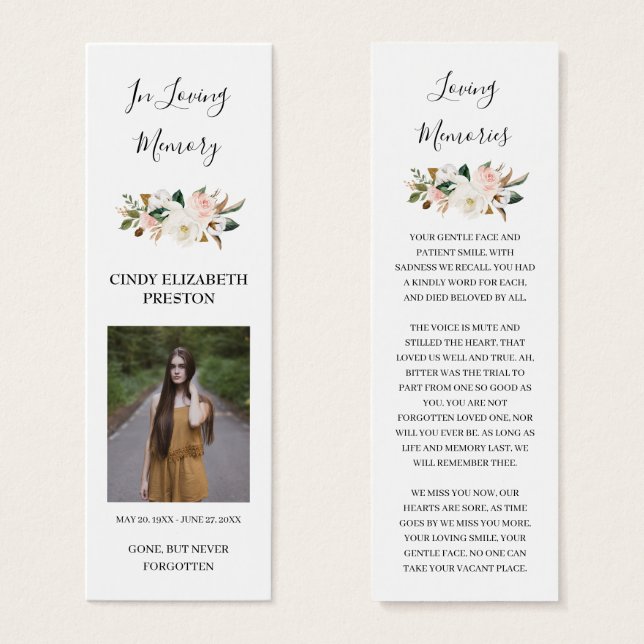Magnolia Floral Photo Funeral Poem Bookmark Cards (Front & Back)