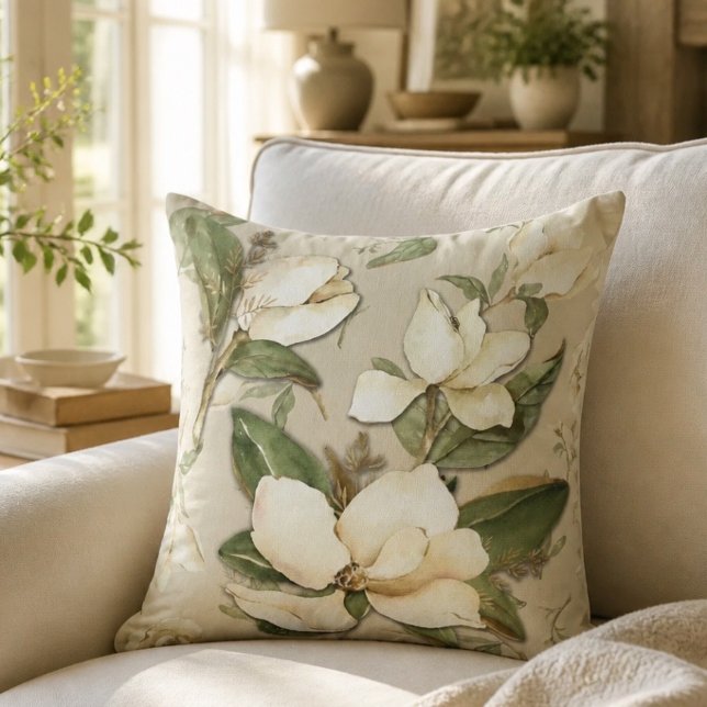 Magnolia Floral Print Throw Pillow (Creator Uploaded)