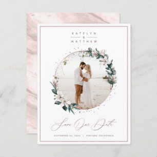 Magnolia Floral & Rose Gold Circle Framed Photo Save The Date