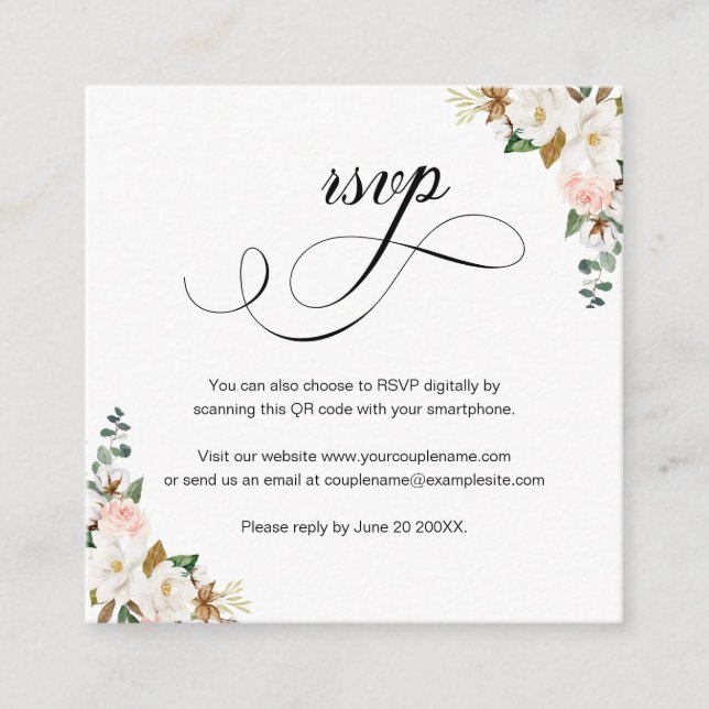 Magnolia Floral Script QR Code Wedding RSVP Card (Front)