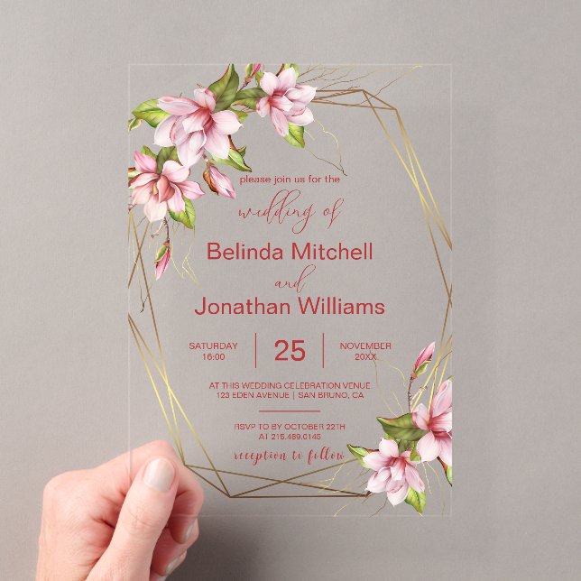 Magnolia Floral Wedding Acrylic Invitation (Insitu (Handheld))