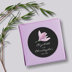 Magnolia Floral Wedding Favour on Black Classic Round Sticker