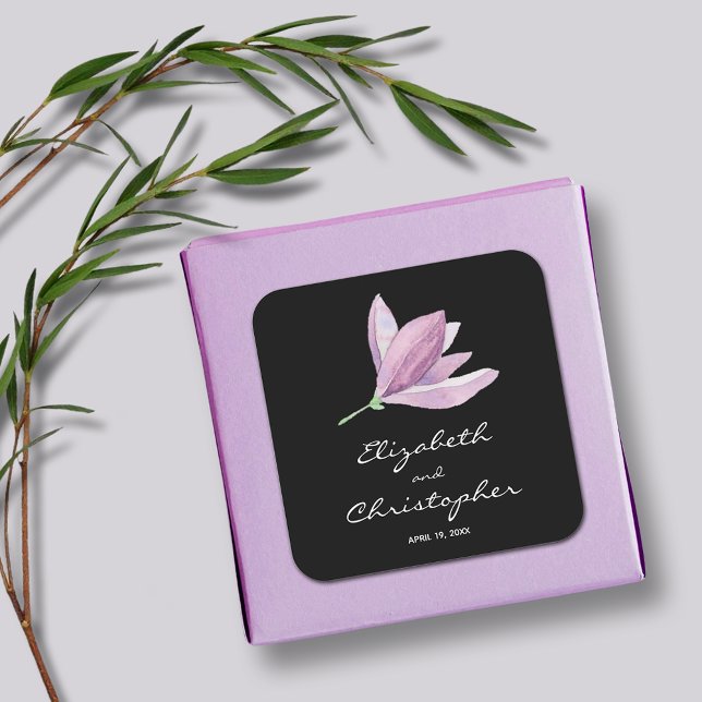 Magnolia Floral Wedding Favour on Black Square Sticker (Magnolia Floral Wedding Favor Black Square Stickers)