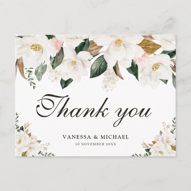 Magnolia floral wedding thank you card (Front)