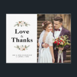 magnolia floral wedding thank you photo card<br><div class="desc">A modern photo thank you card design with editable text and white lettering. Feel free to personalise the bride and groom photos and text.</div>