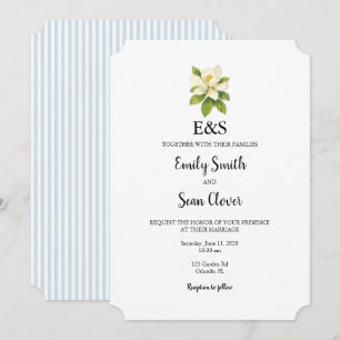 Magnolia Flower Wedding Monogram Blue Stripe Invitation