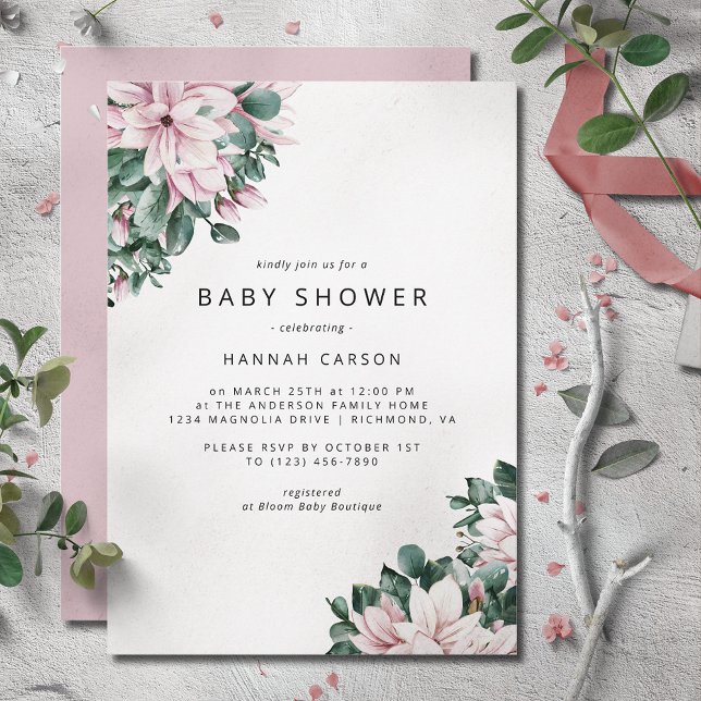Magnolia Flowers | Dusty Pink Spring Baby Shower Invitation (Creator Uploaded)