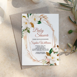 Magnolia Flowers & Gold Baby Shower Invitation
