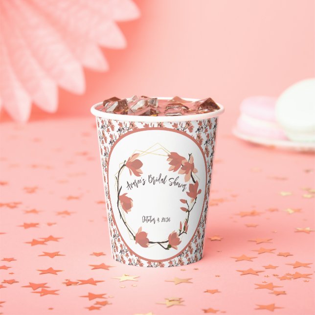 Magnolia Flowers in Coral Bridal Shower Paper Cups (Insitu)
