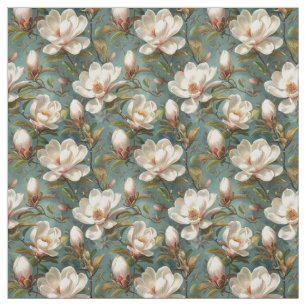 Magnolia Flowers Seamless Pattern on Teal Fabric