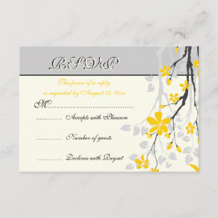 Magnolia flowers yellow, grey wedding RSVP card