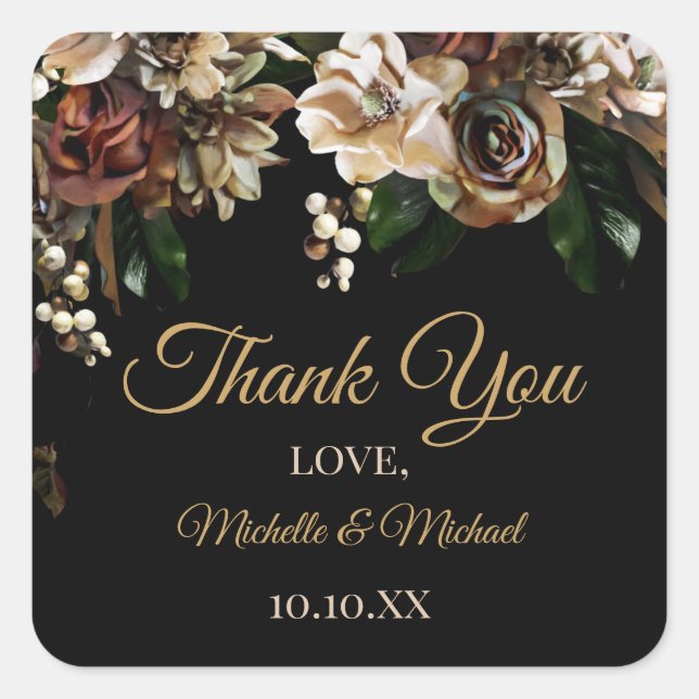 Magnolia Gold and Black Floral Thank You  Square Sticker (Front)