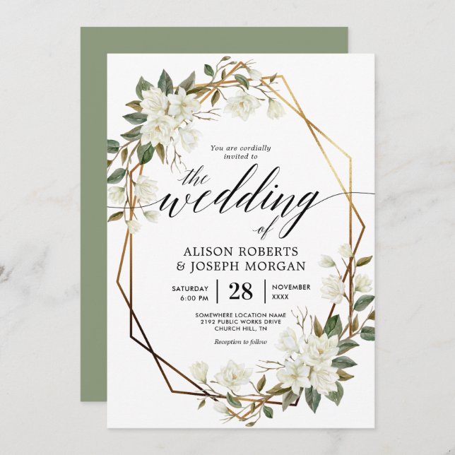 Magnolia gold geometric frame wedding invitation (Front/Back)